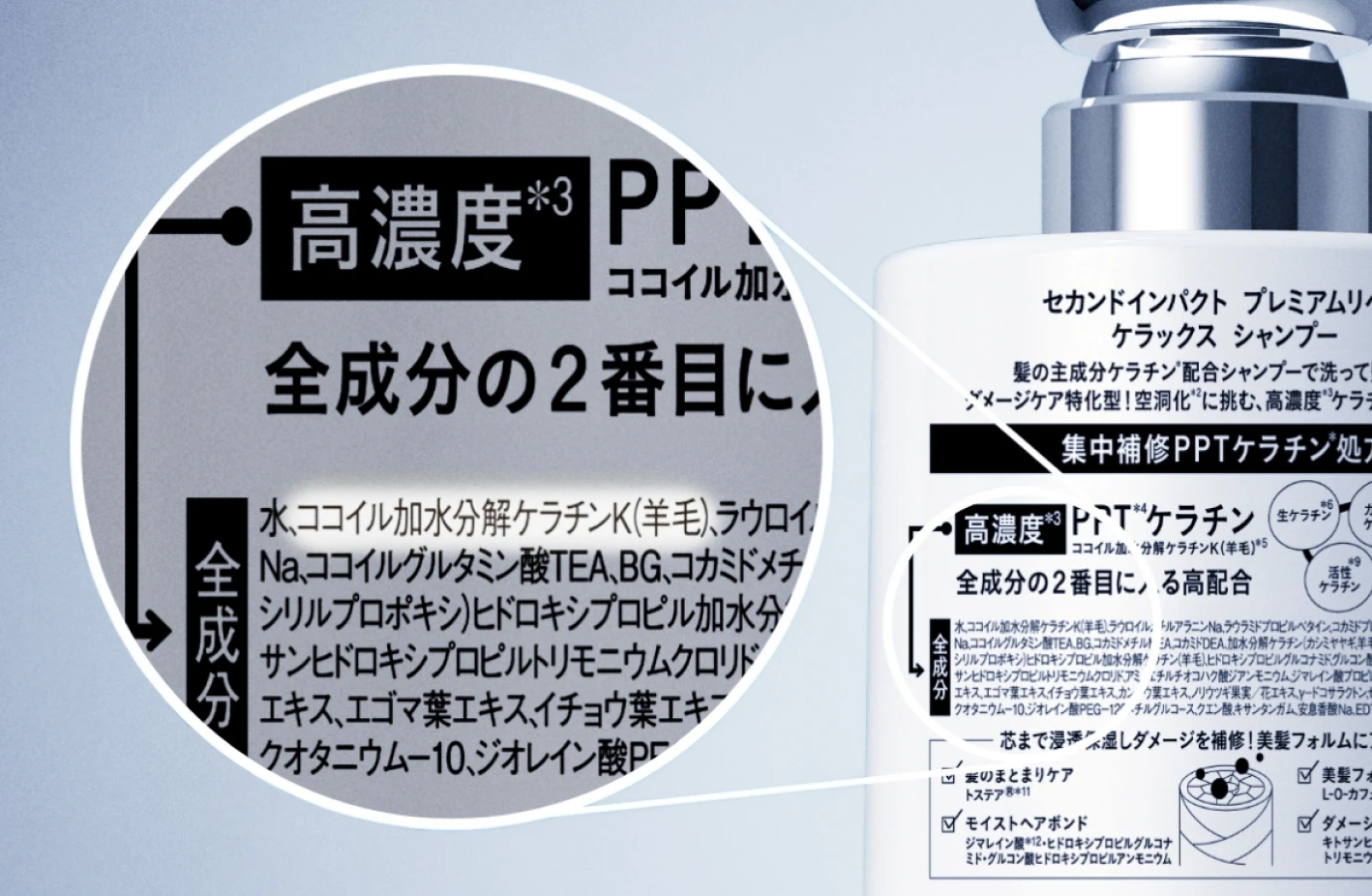 シャンプーの成分表示ラベルの拡大図。全成分の2番目にココイル加水分解ケラチンK(羊毛)が記載され、PPTケラチンが高濃度で配合されていることを示している