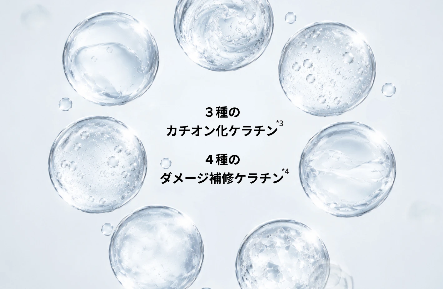 7つの透明な気泡が円状に並んだイラスト。3種のカチオン化ケラチンと4種のダメージ補修ケラチンを表している
